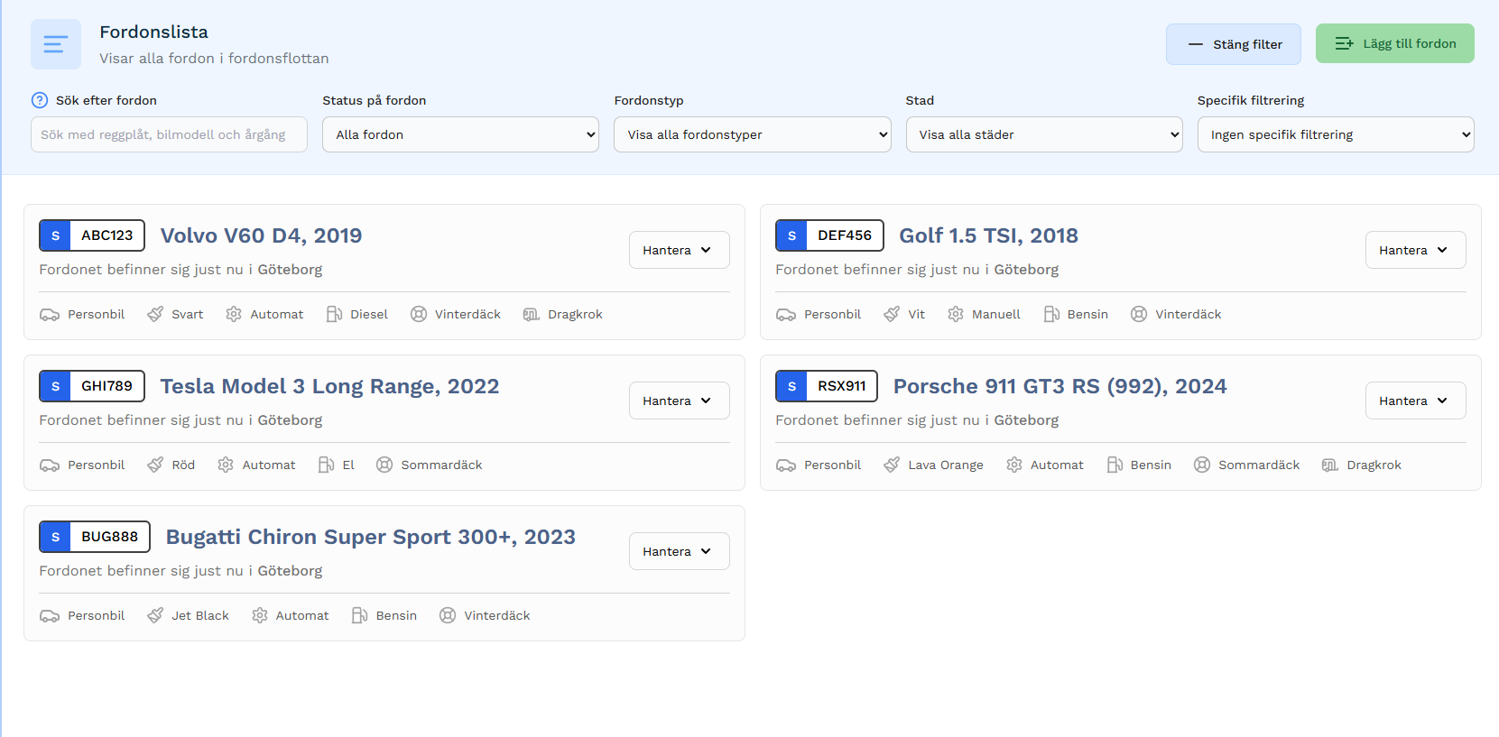 Fordania fordonshanteringssystem – fordonslista för biluthyrning